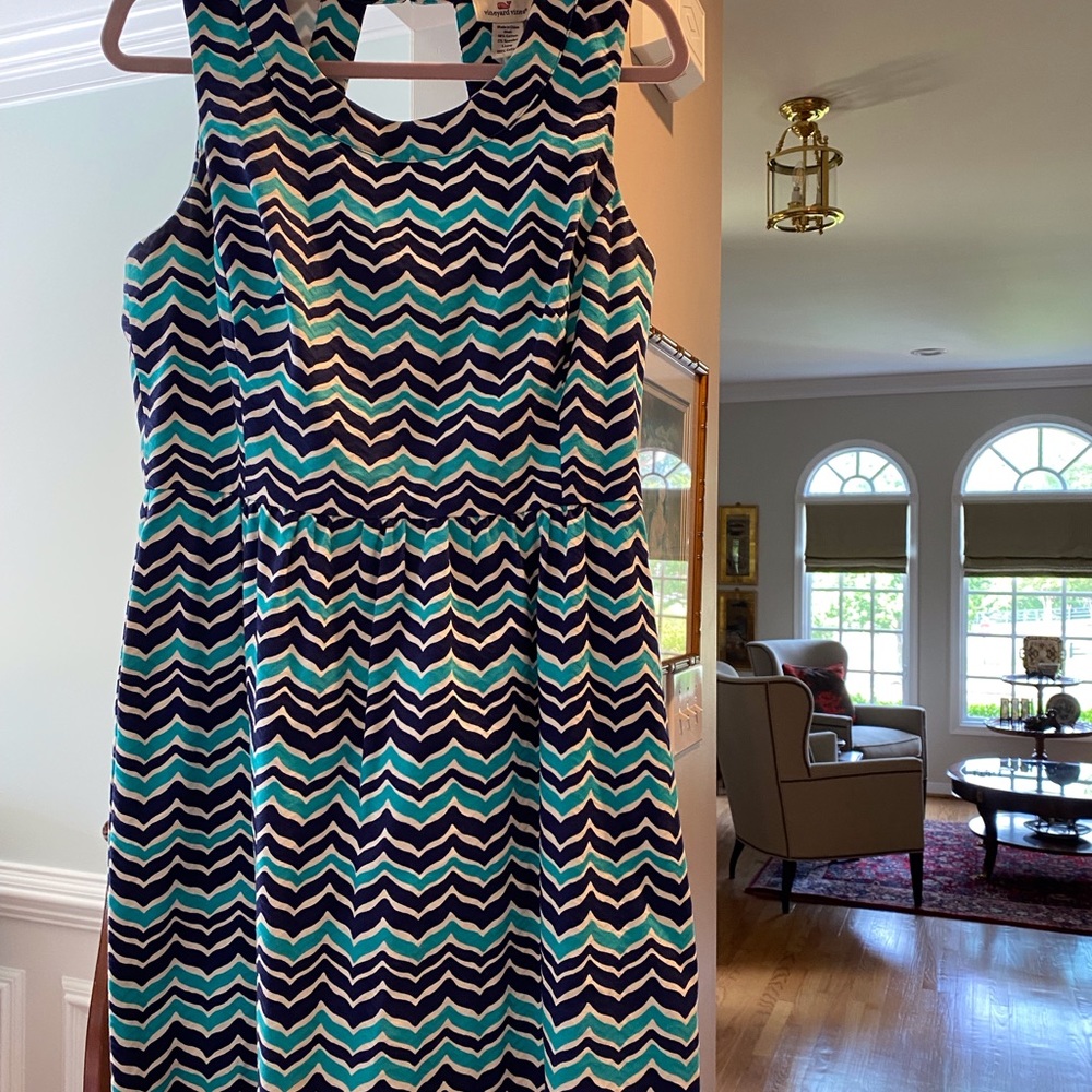 Vineyard Vines navy blue, aqua, white sleeveless cotton jacquard dress size 10.